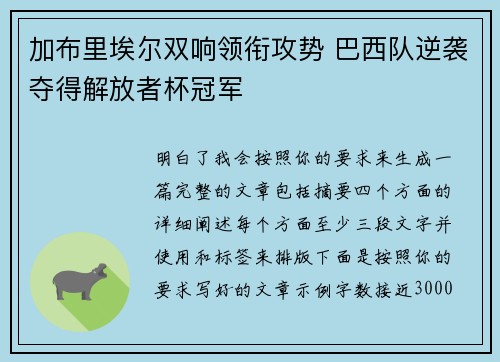加布里埃尔双响领衔攻势 巴西队逆袭夺得解放者杯冠军 加布里埃尔双响领衔攻势 巴西队逆袭夺得解放者杯冠军