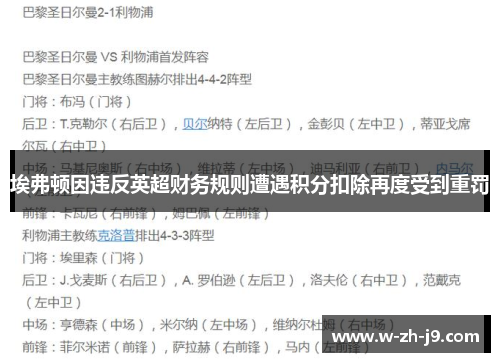 埃弗顿因违反英超财务规则遭遇积分扣除再度受到重罚 埃弗顿因违反英超财务规则遭遇积分扣除再度受到重罚